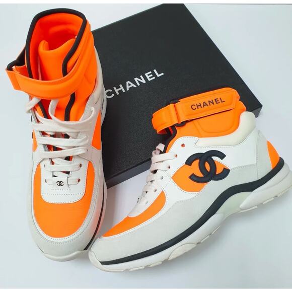 Chanel Neon Orange/White Neoprene and Leather CC High Top Sneakers Sz.39 - Picture 1 of 8